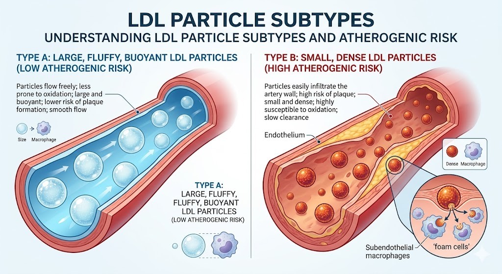 A medical illustration comparing large fluffy buoyant LDL particles flowing freely on the left with small dense LDL particles interacting with damaged artery walls on the right.