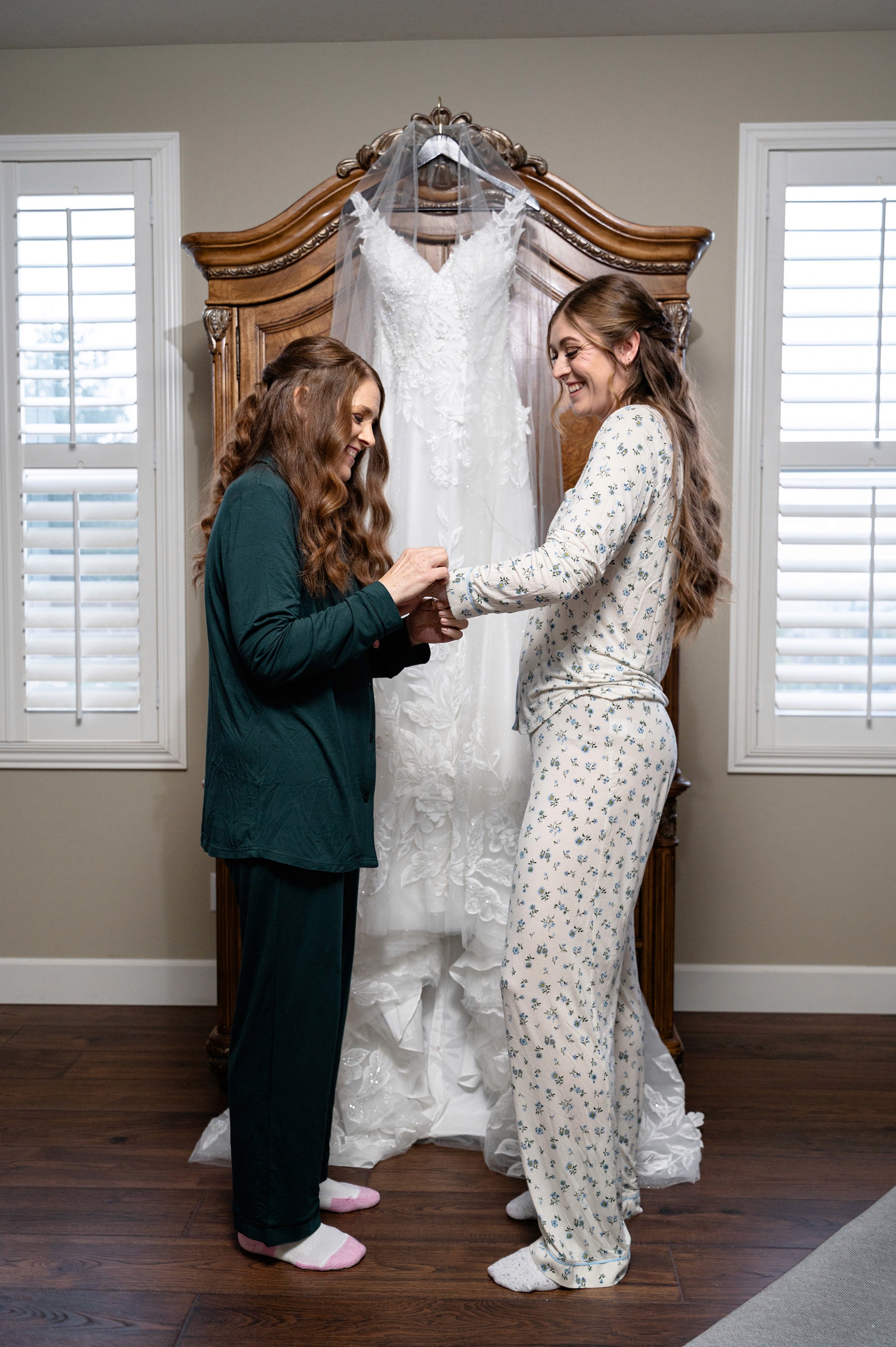 Flat lay wedding details with bouquet, rings, and sparkling bridal heels