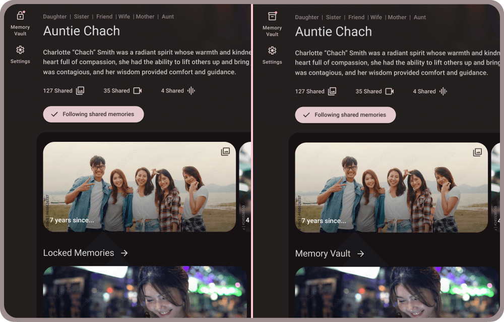UI iteration replacing the lock icon with a cardboard file box and "Locked Memories" with "Memory Vault" to clarify natural unlocking.