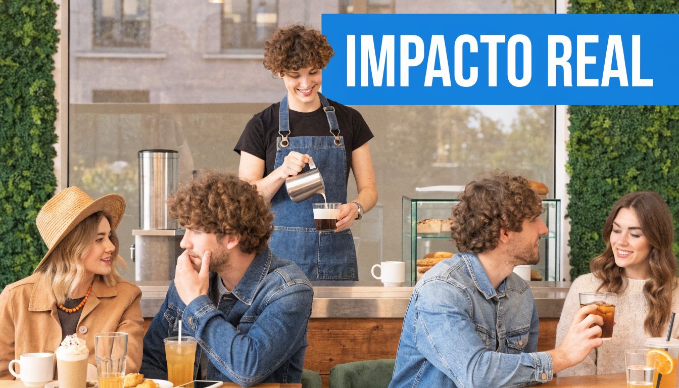 Un grupo de amigos sonrientes disfrutando de bebidas en una cafetería con servicio de baristas profesional.