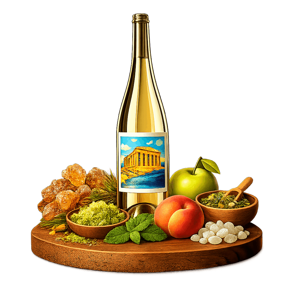 Artistic label and flavor profile for Greek Retsina on a rustic wooden table.