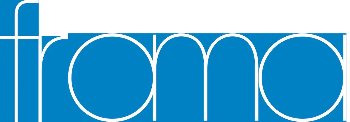 Close-up of the Frama wordmark in outlined letterforms, focusing on geometric curves and spacing.