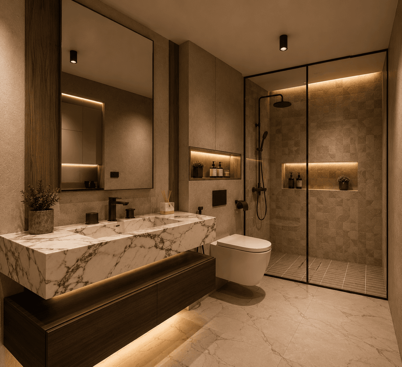 Luxury modern bathroom inside a backyard suite featuring marble finishes, warm ambient lighting, glass shower, and contemporary minimalist design by UR-SPACE in Calgary.