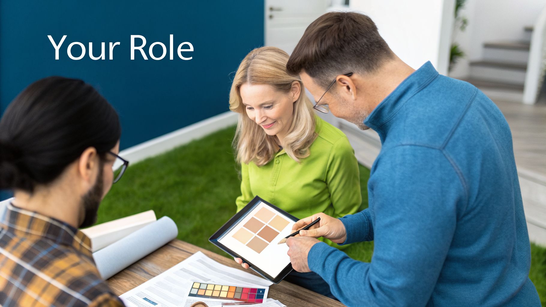 Three individuals collaboratively review color swatches on a tablet for home design.