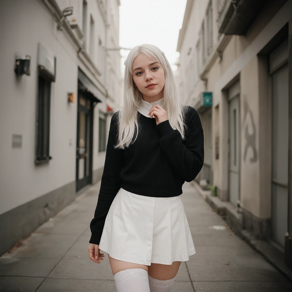 a young girl with white hair wearing a black sweater and white skirt posing in a city alley. AI Fashion Model. Modiqlo