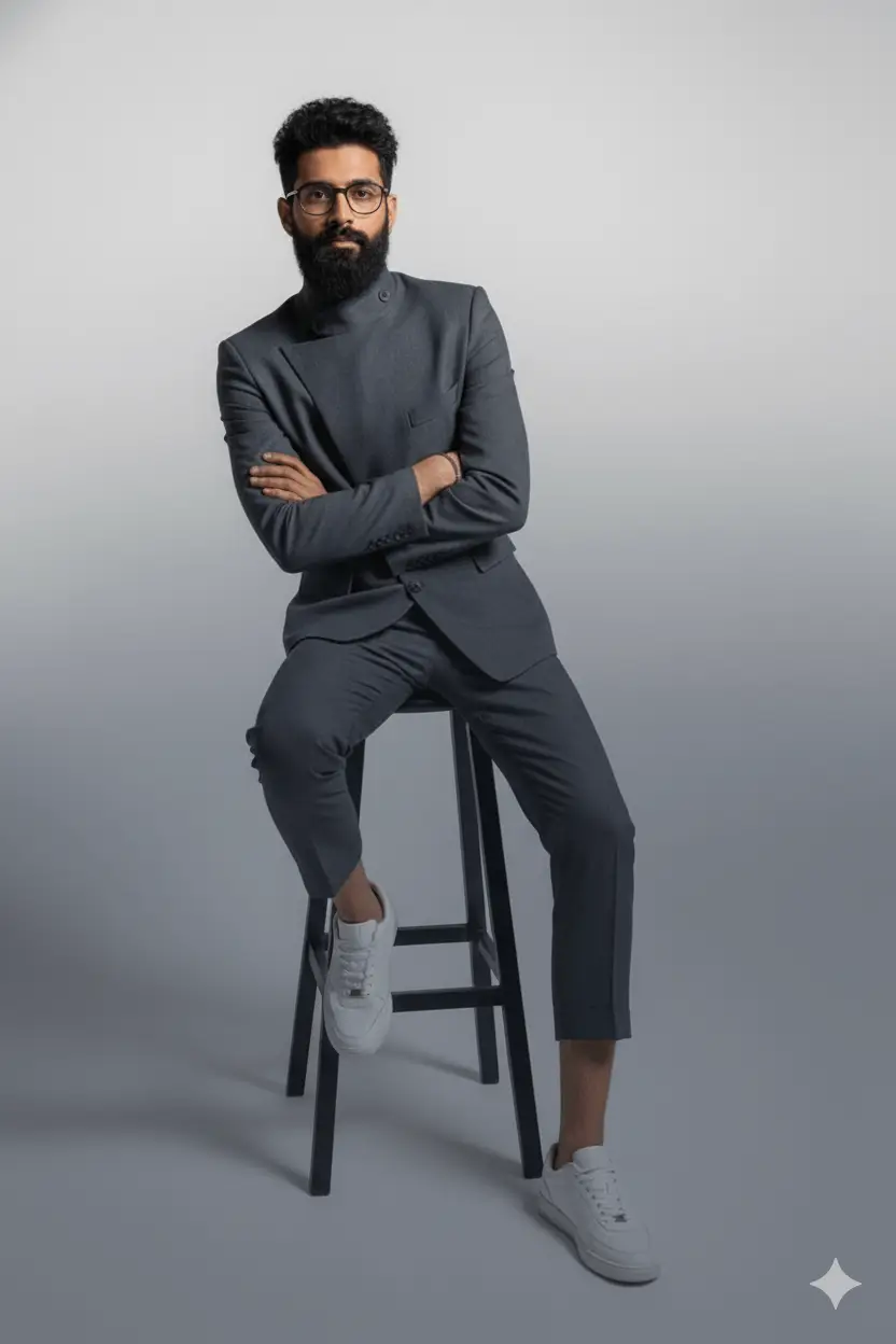AI-generated confident male professional headshot wearing black casual blazer and glasses, seated pose with modern minimalist background, demonstrating professional portraiture by Mahendra