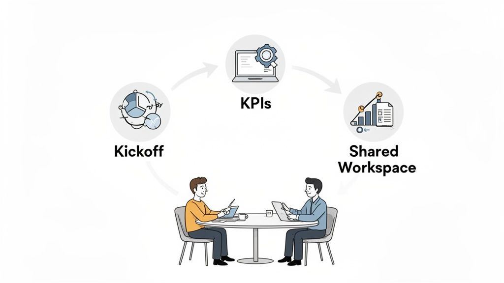 A diagram illustrating a cyclical project workflow from kickoff to KPIs and shared workspace, with two men collaborating on laptops.