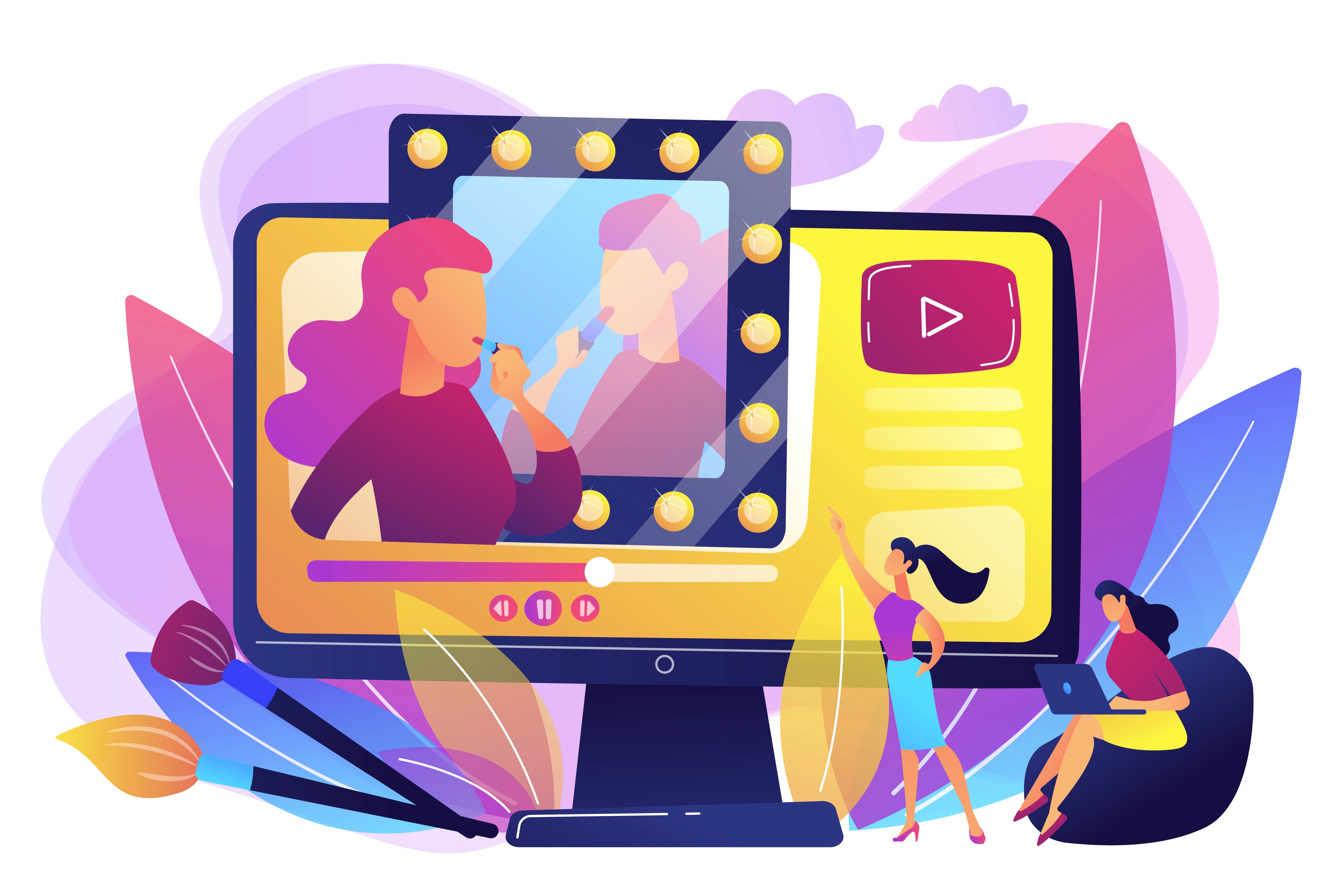 Beauty influencer applying makeup on-screen as viewers watch a YouTube tutorial video