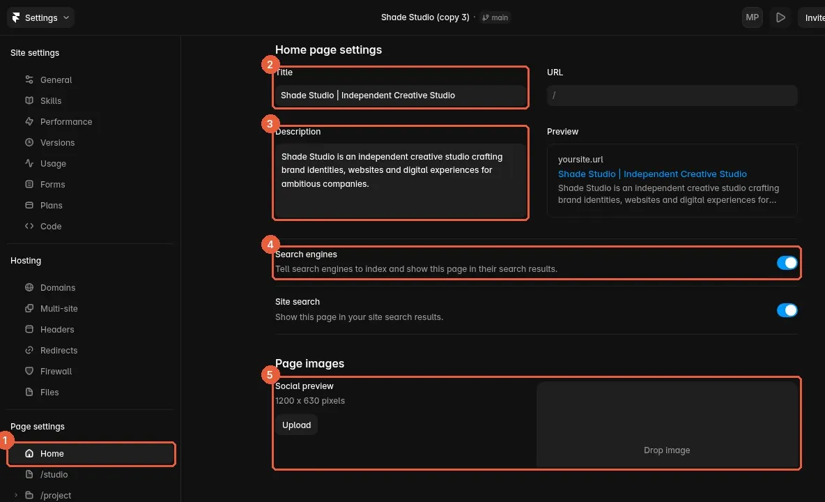 Page settings for Home: 2 Title, 3 Description, 4 Search engines switch, 5 the page’s own Social preview.