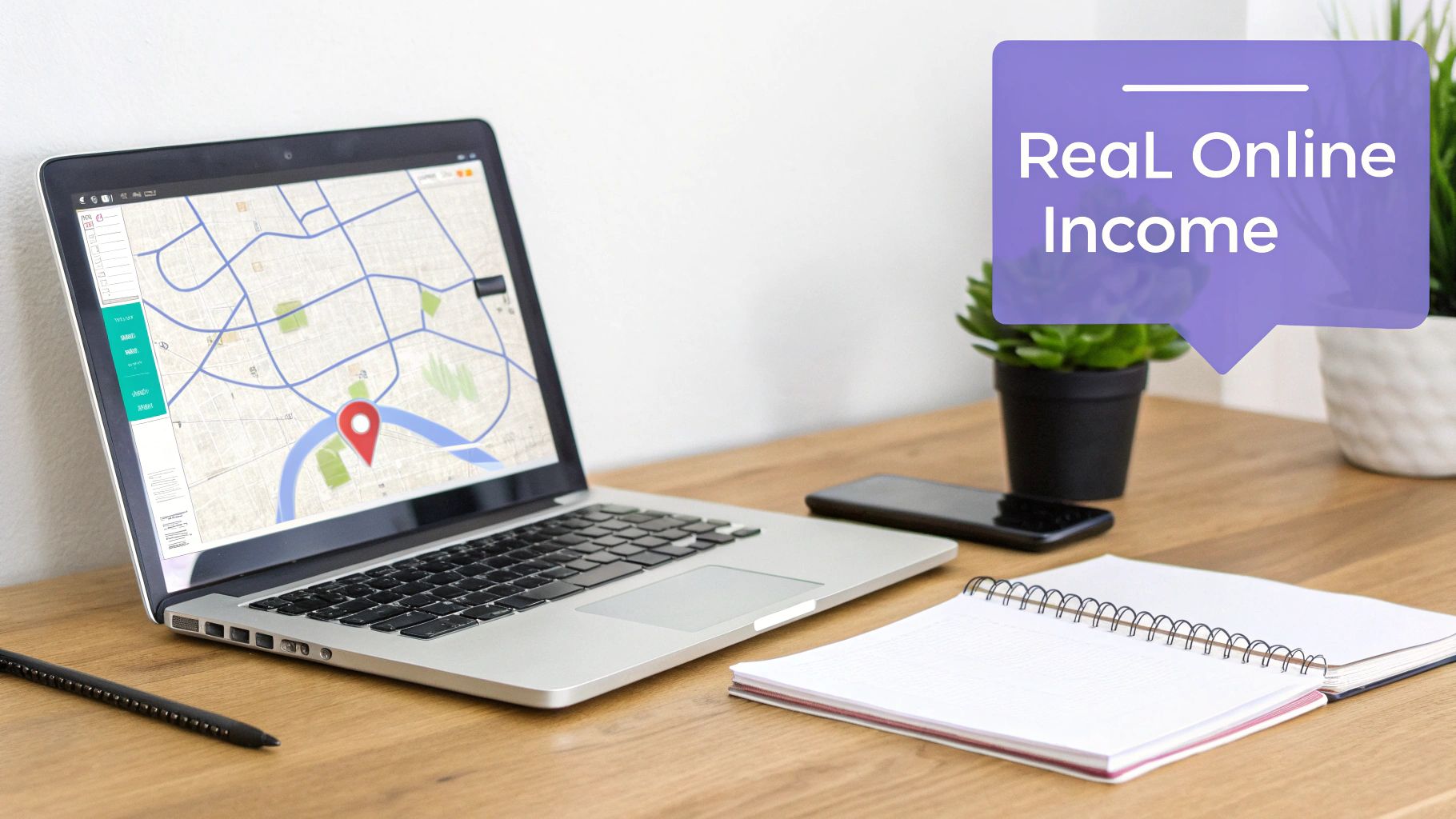 Laptop displaying a map with a location pin on a wooden desk with notebook, pen, and 'Real Online Income' text.