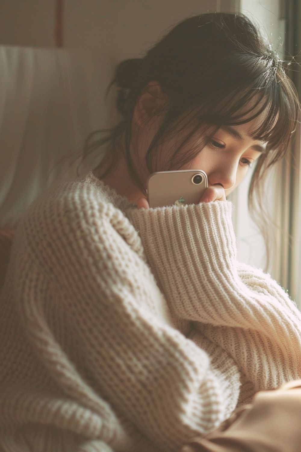 New mother wrapped in a warm sweater, holding her phone near a window, reflecting during an emotional postpartum moment
