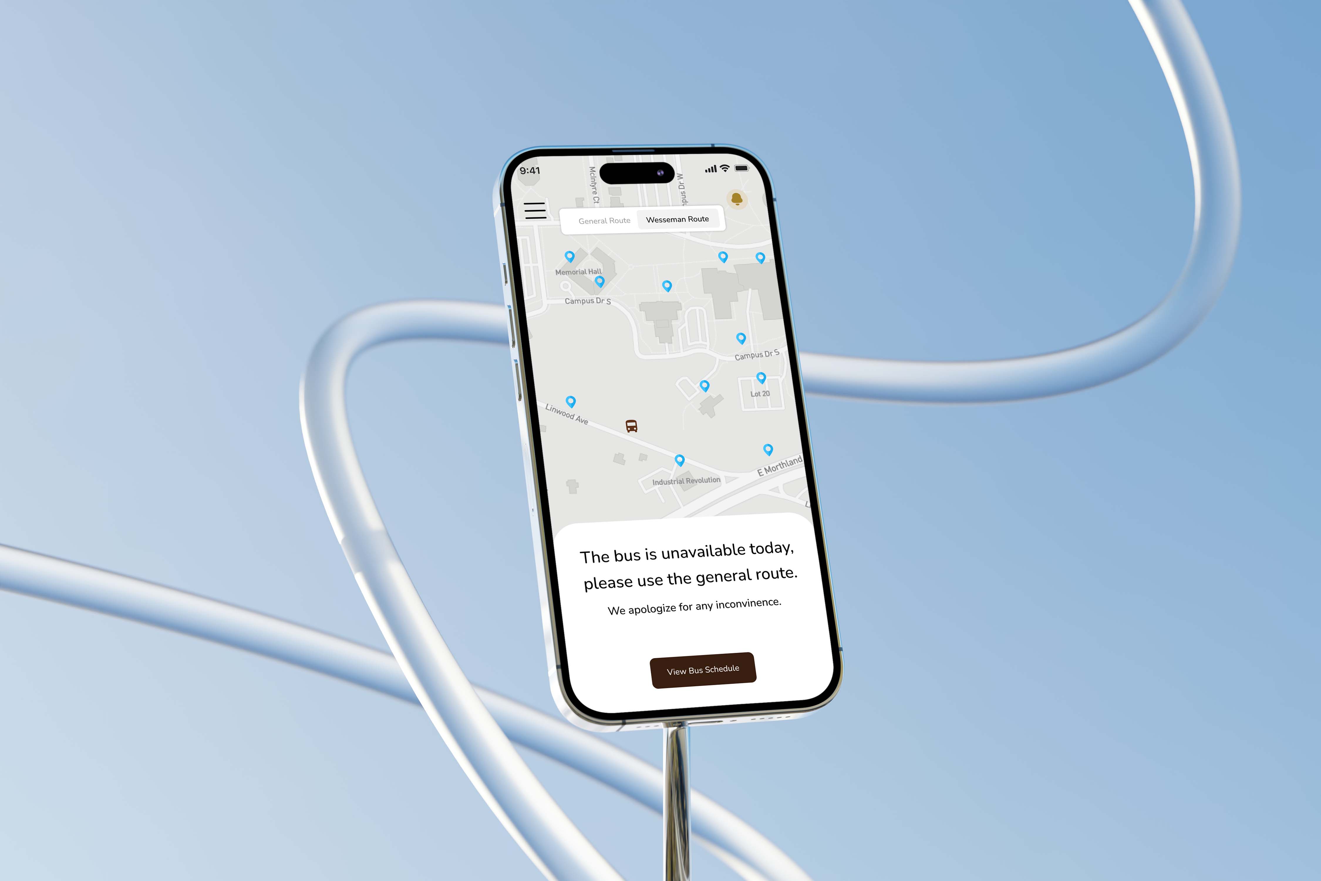 A sleek smartphone displays a transportation mobile app interface, featuring a modern map UI design with multiple location pins and a message indicating bus unavailability against a backdrop of abstract white loops on a light blue sky.