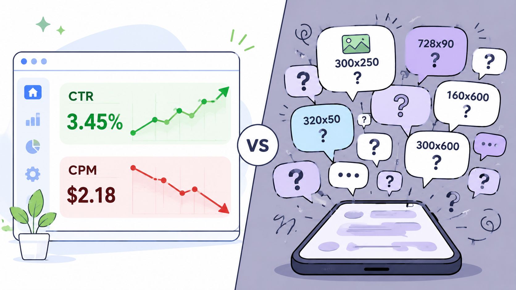 A comparison illustration showing optimized analytics on a dashboard versus confusing mobile ad format sizes.