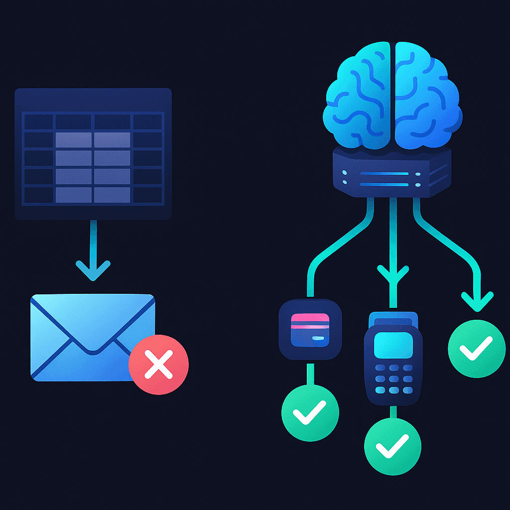 Illustration comparing manual spreadsheet dunning versus AI engine routing payments for higher recovery
