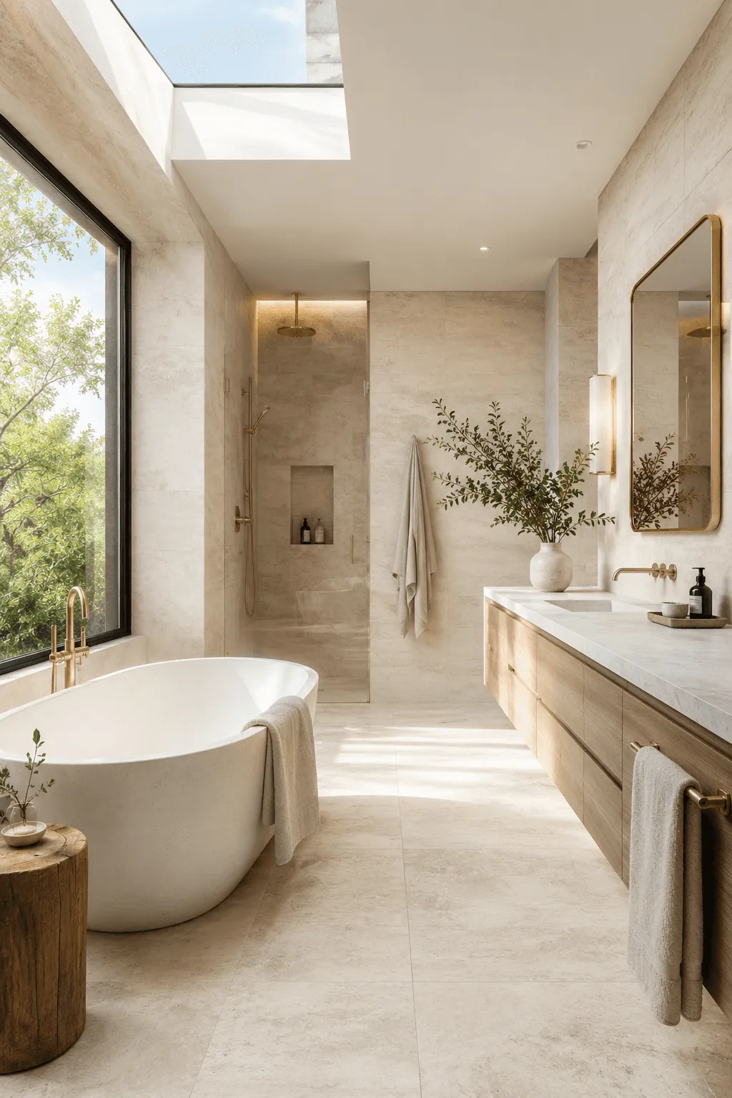 Luxury modern bathroom with freestanding tub, rain shower, large window, and wood vanity.