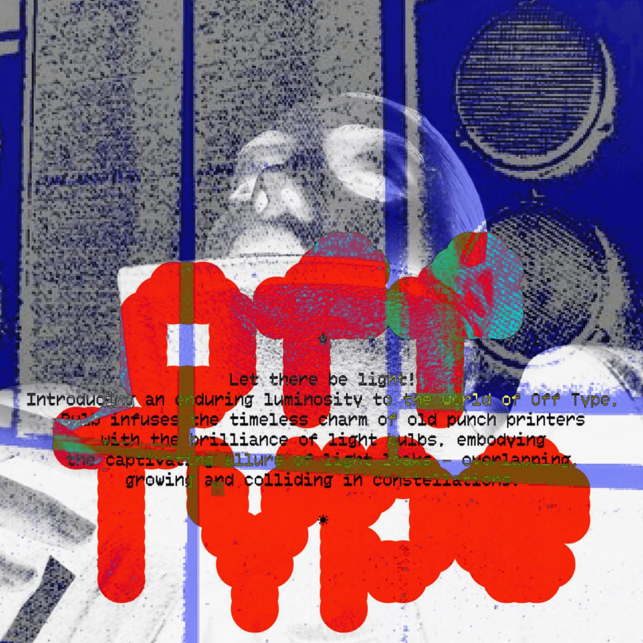 Abstract collage artwork featuring bold red painted shapes over layered black-and-white textures, blue geometric lines, and partially visible typography.