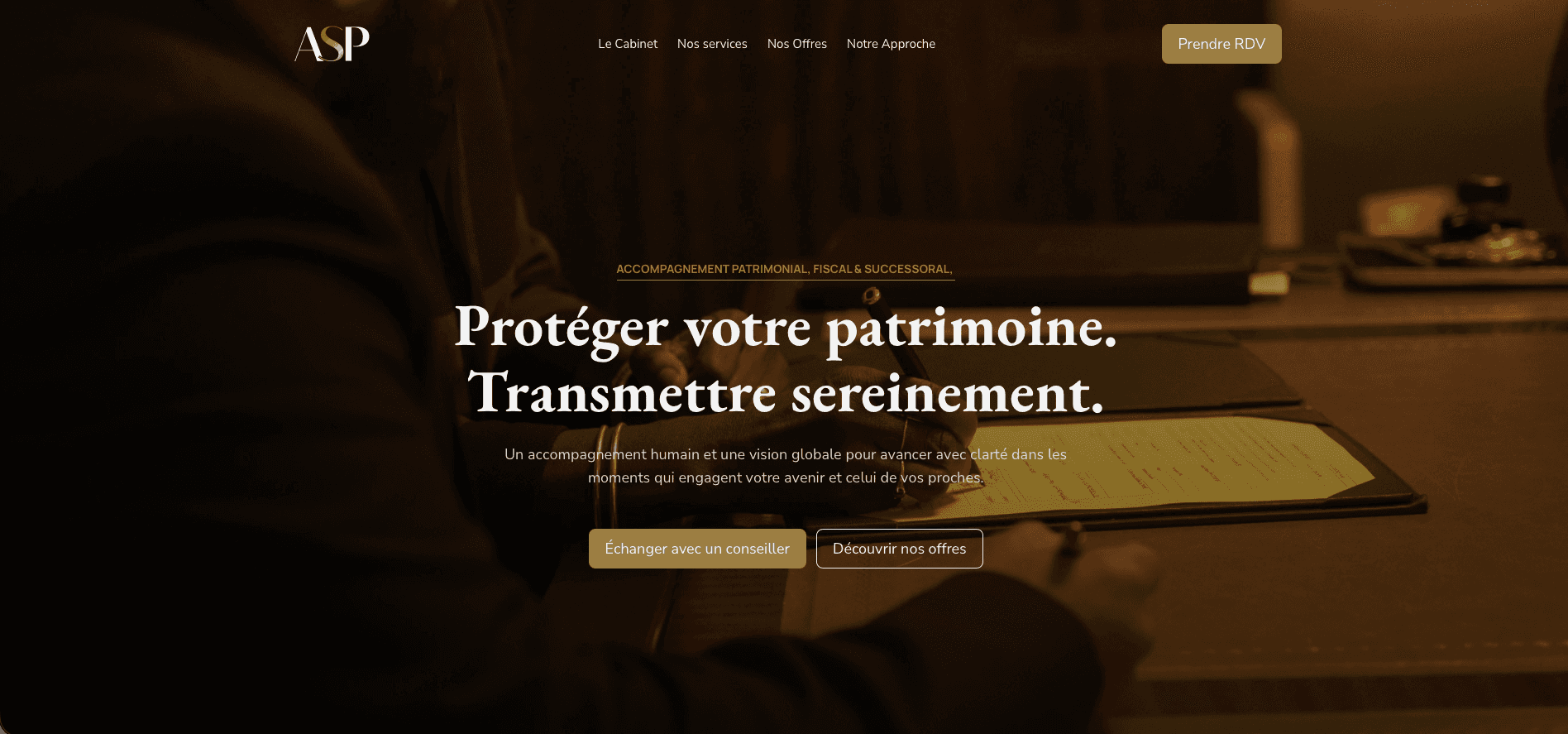 Hero section of a luxury wealth advisory website featuring a warm-toned office scene, elegant serif typography, gold accents, and call-to-action buttons.