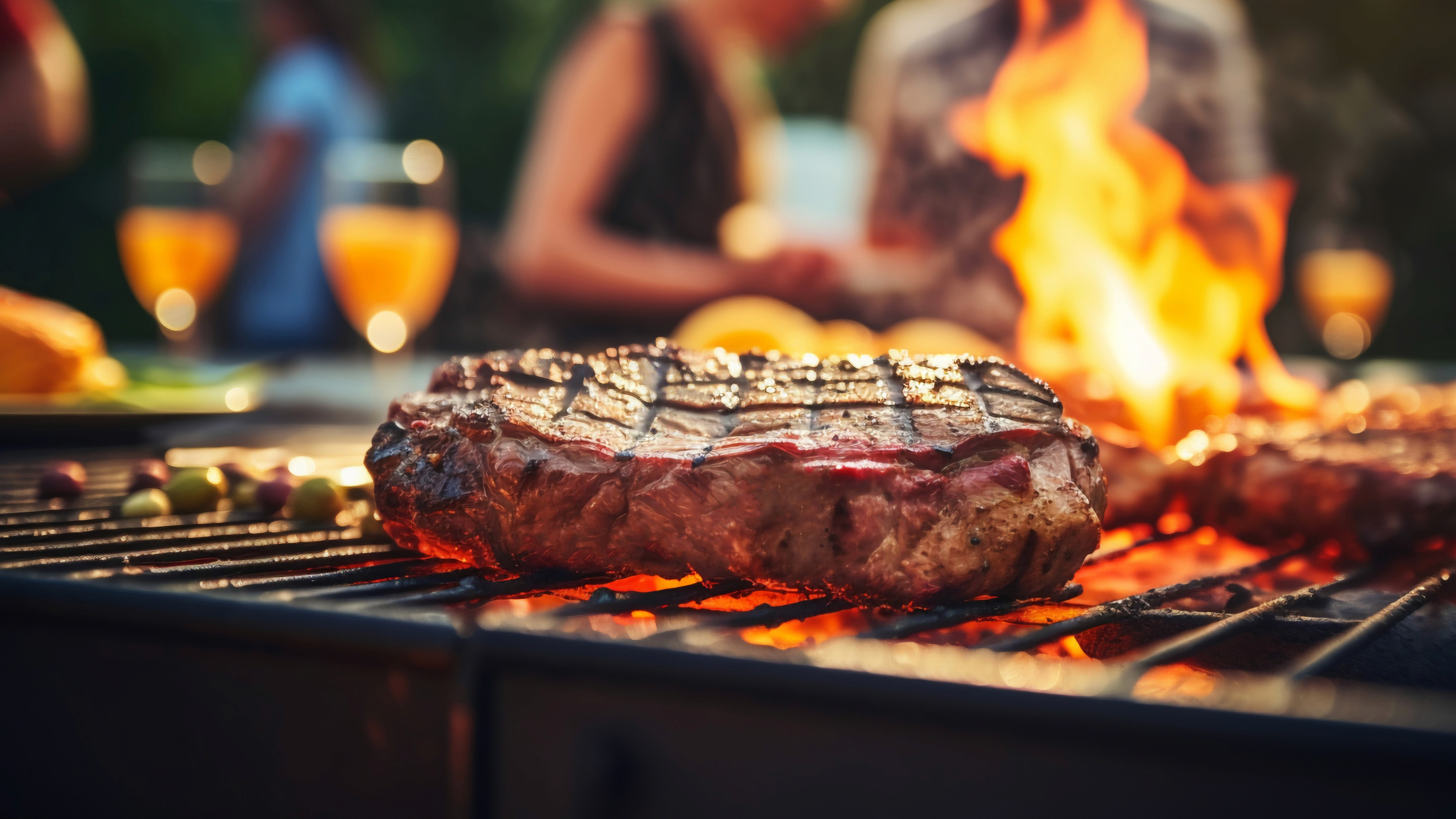 A thick cut of steak with prominent grill marks sizzles over hot coals and flames on a barbecue, with blurred figures of people and drinks in the background, suggesting an outdoor gathering.
