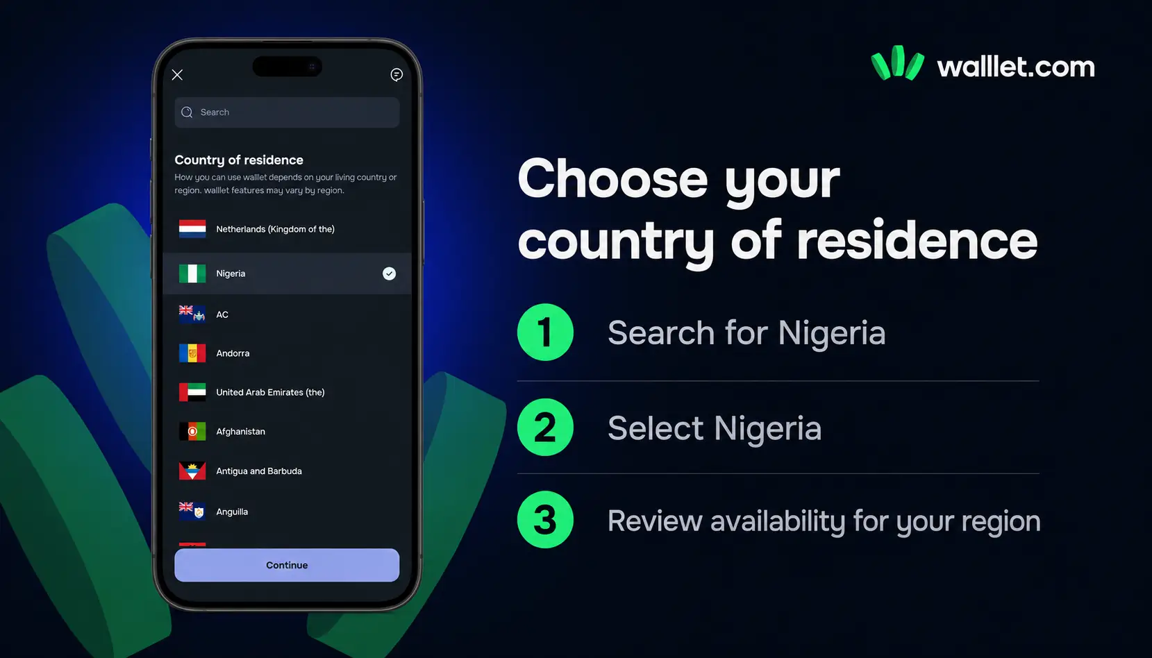 Selecting Nigeria as country of residence in the walllet.com app
