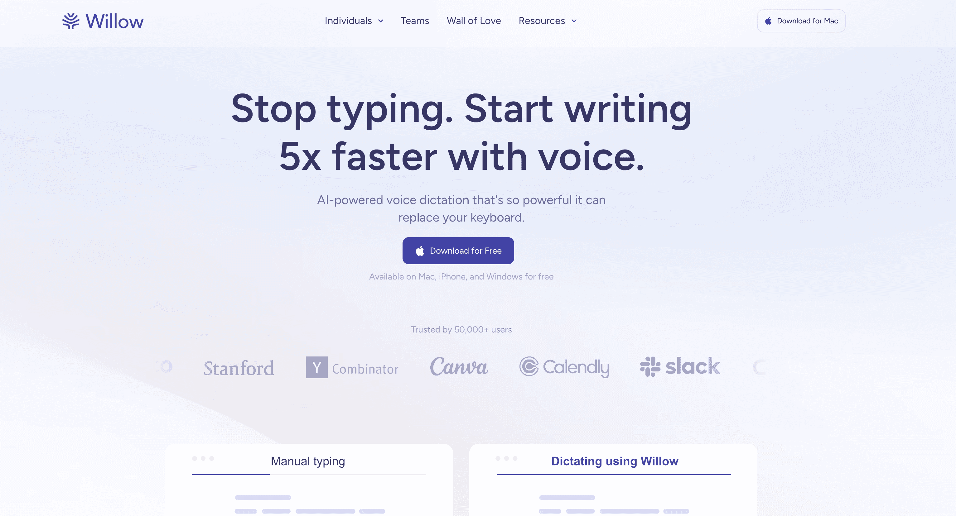 Willow Voice Homepage screenshot