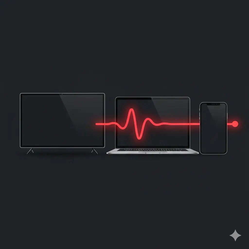A graphic showing three devices in a row: a TV, a laptop, and a smartphone. A single, elegant red soundwave flows seamlessly through all three screens, symbolizing the unified experience.