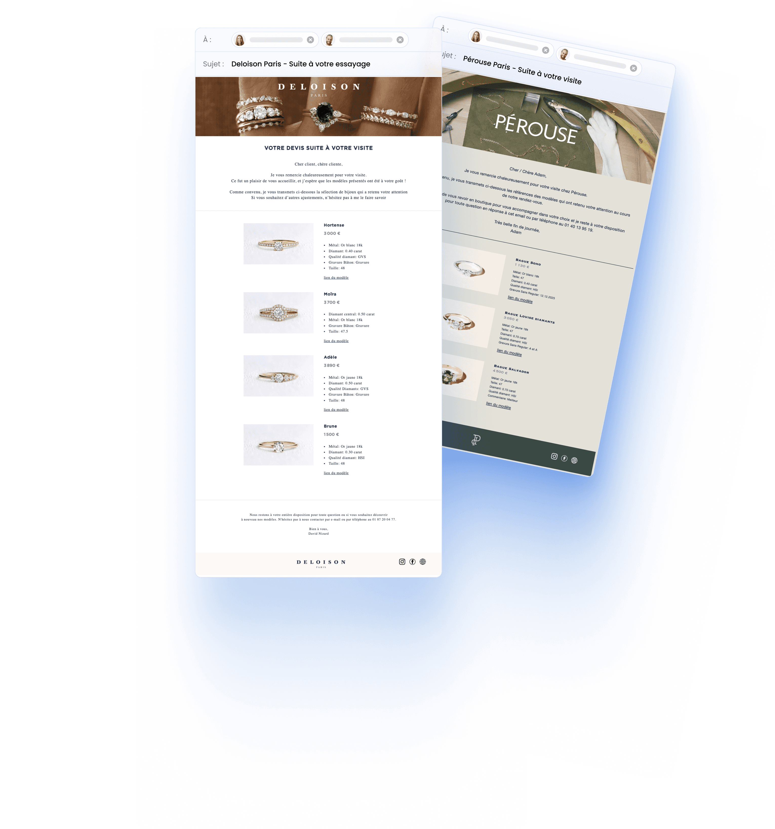 Exemple de 3 devis 2.0 envoyé par mail. GemFlow est un outil de création de devis à destination des joalliers et bijoutiers.