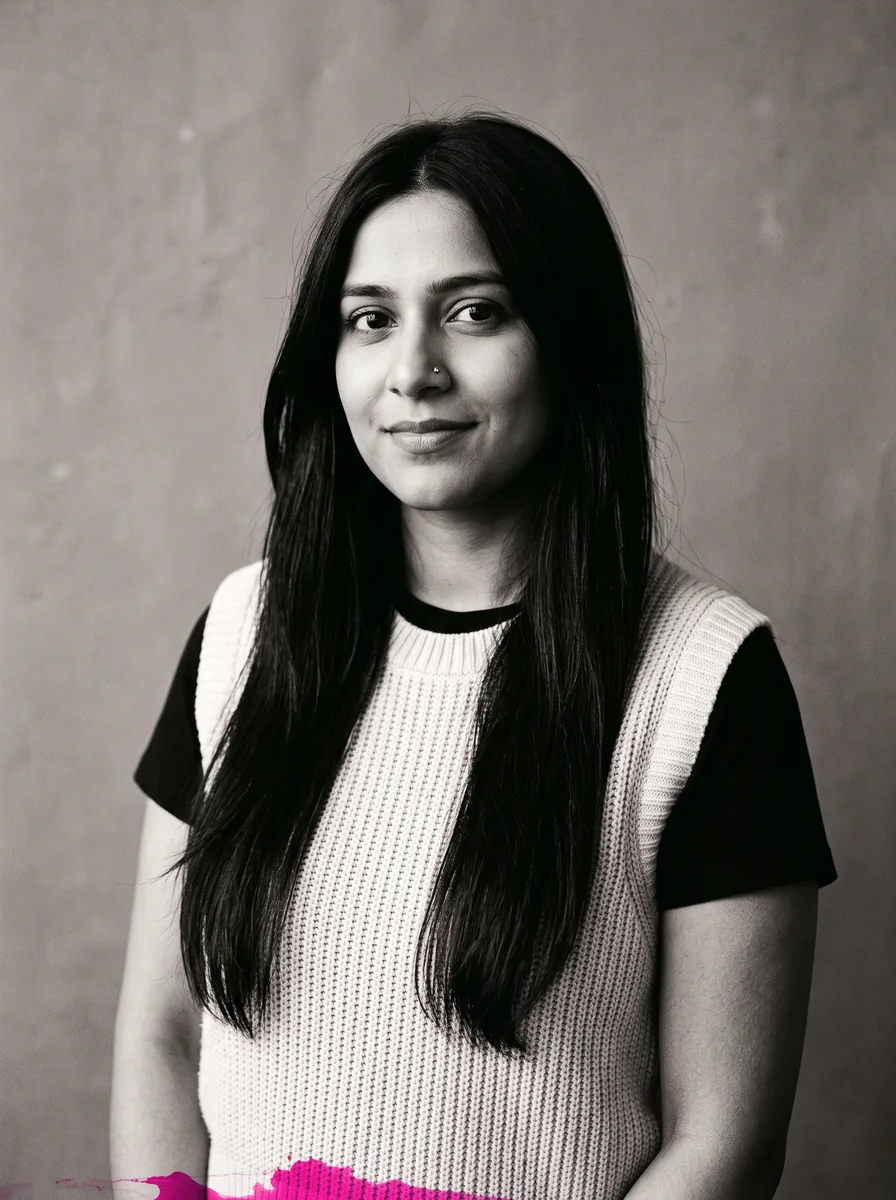 Black-and-white portrait of Priya, long dark hair