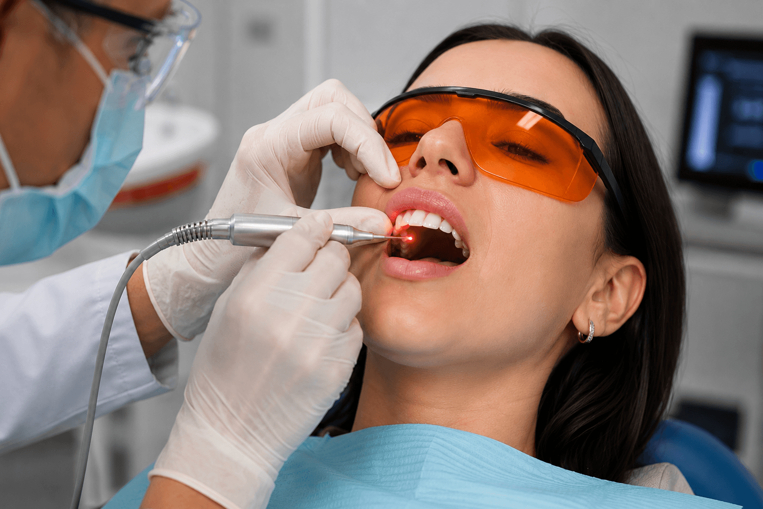 Sleep apnea treatment consultation showing a dentist discussing with the patient her condition and options for the sleep disorder.