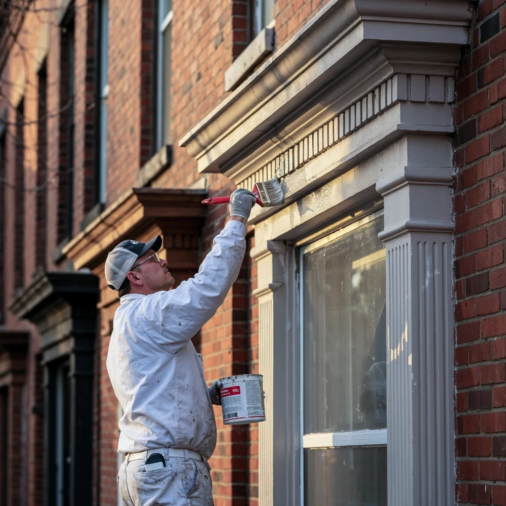 A professional painter in white uniform carefully applying exterior paint to the trim of a classic Queens brick row house