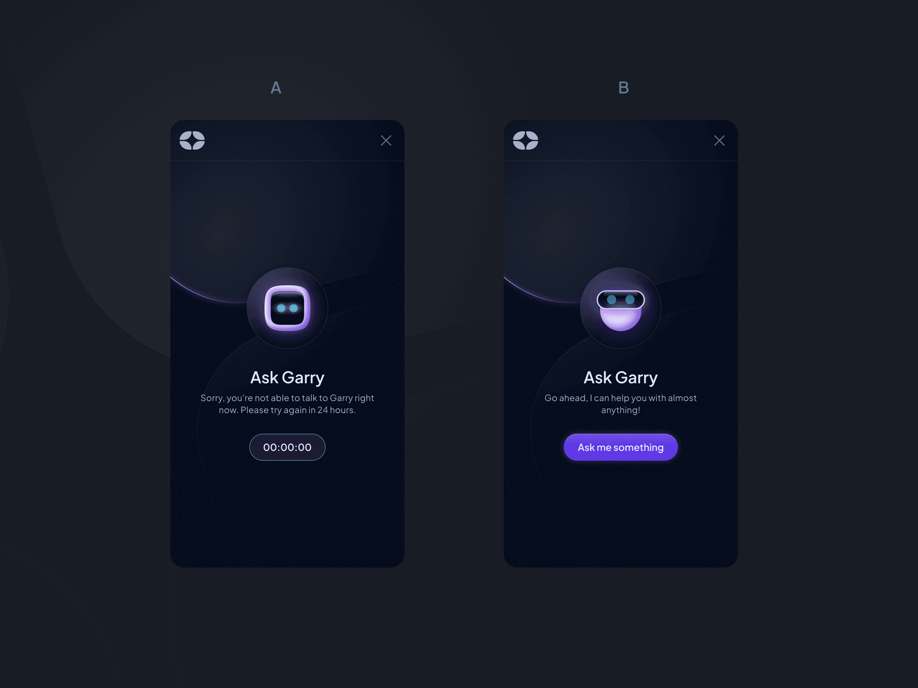 Controld chat bot design. Dark app mobile UI.