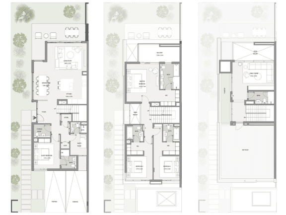 Floor plans for a 4-bedroom apartment at Yasmina Villas, showcasing layout and room dimensions.