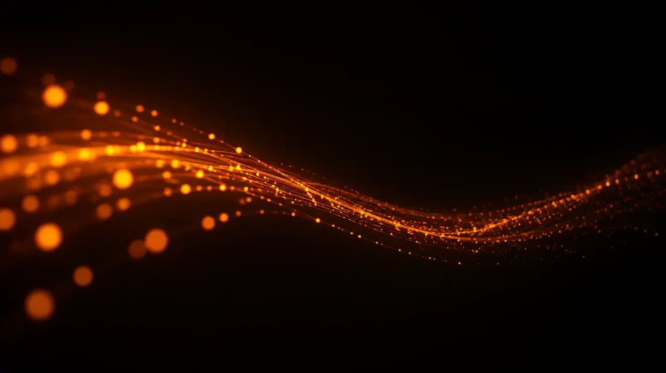 Stream of light particles flowing in an orderly pattern, representing automated workflows