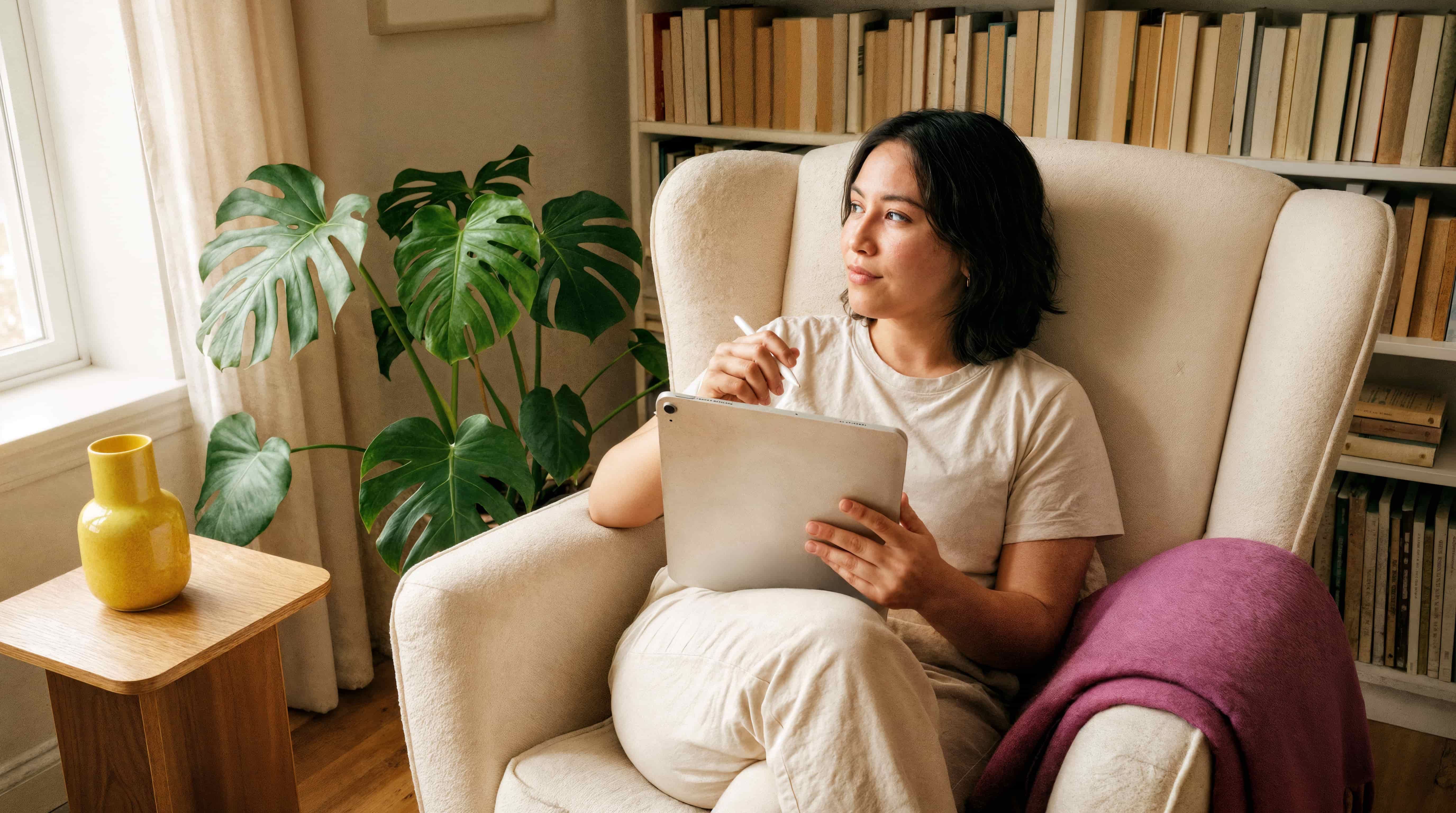 Woman relaxing with tablet in cozy reading corner with plants and bookshelves.