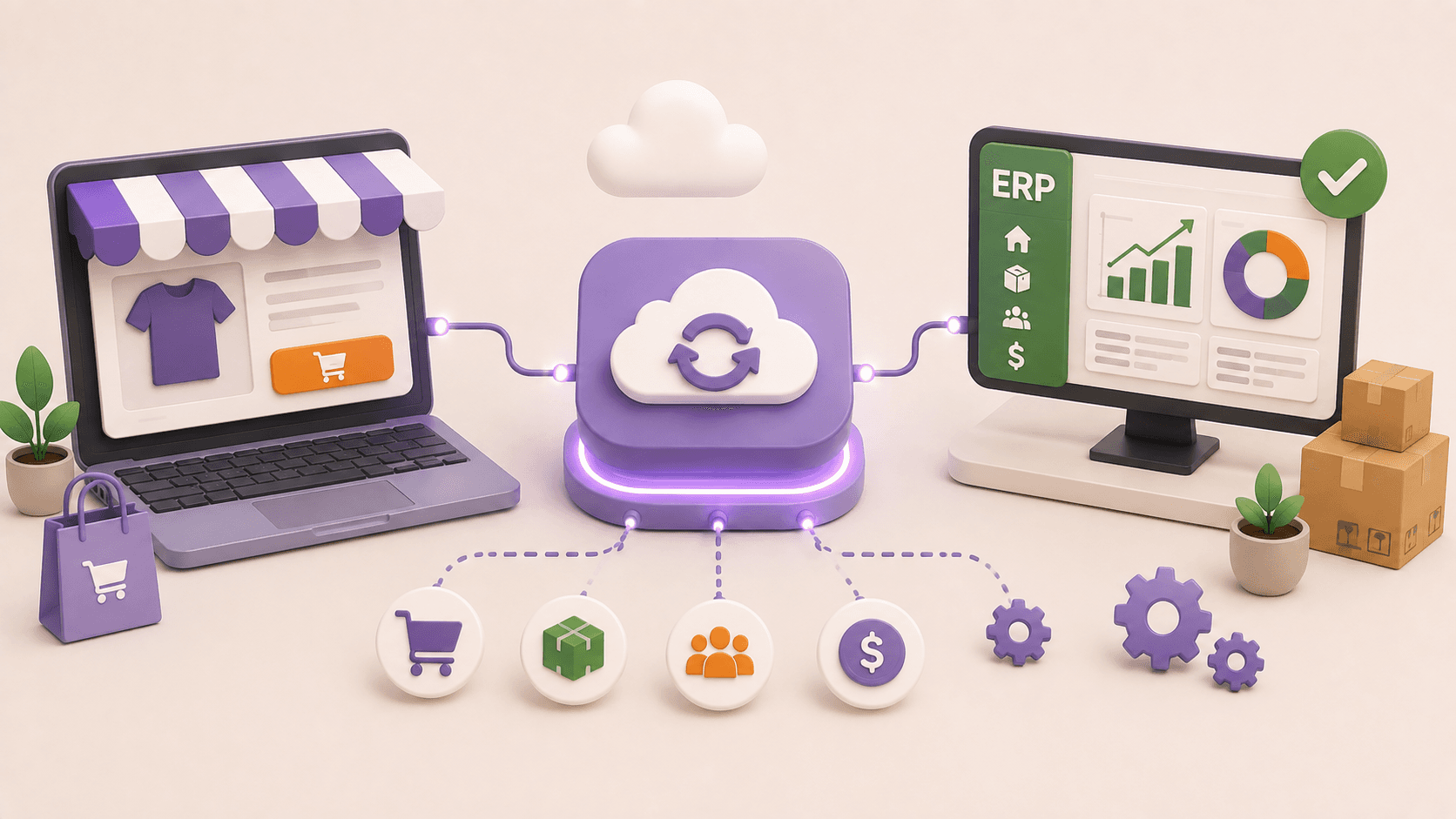 Ilustração representando a integração entre uma plataforma de e-commerce e um sistema ERP, conectando pedidos, estoque, preços, clientes e dados da operação.