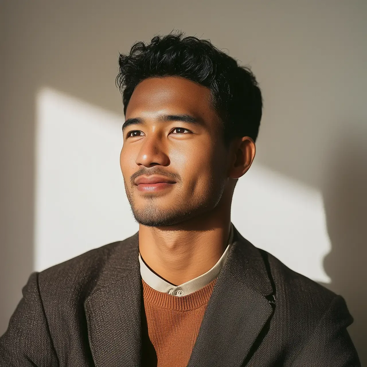Smiling man in a grey blazer and graphic tee, lit by window shadows on a beige wall