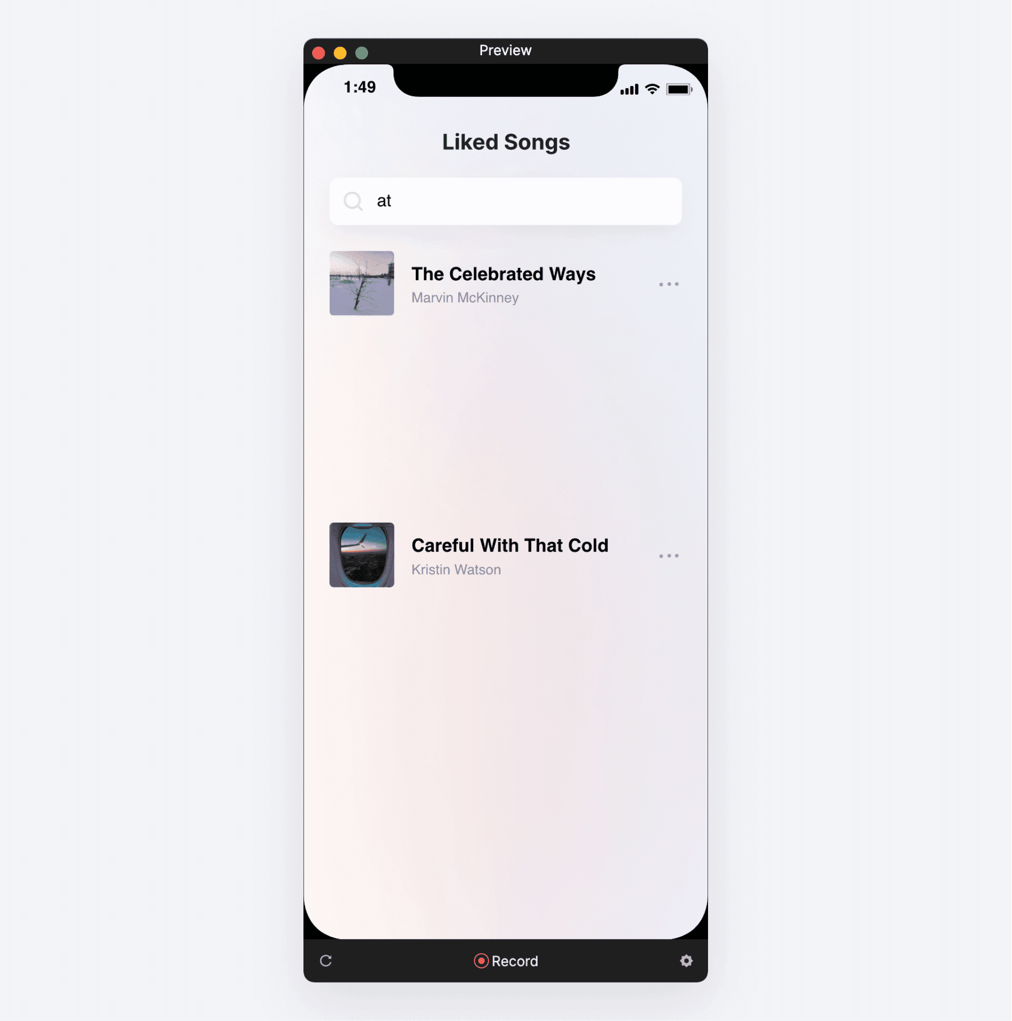 Preview of search bar prototype in the preview window