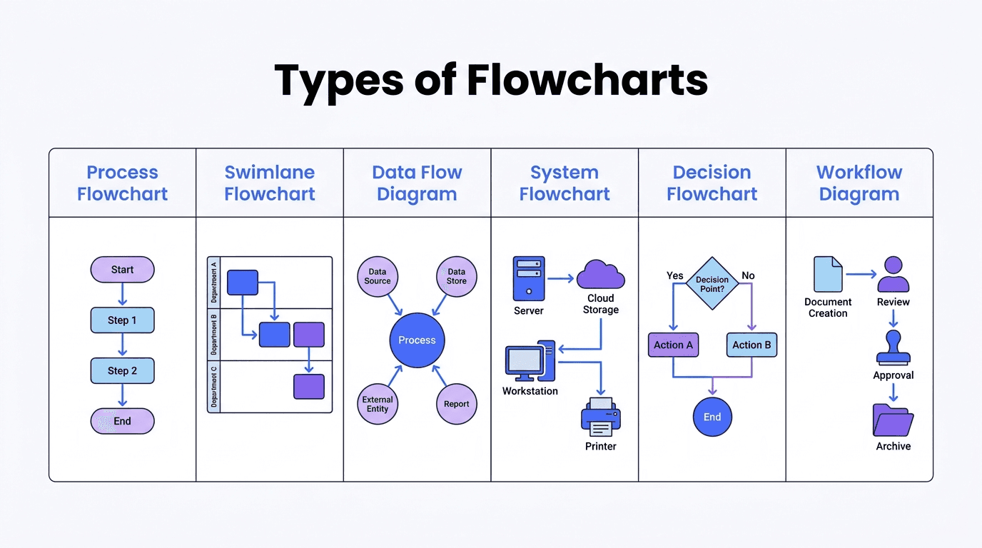 Comparison of six flowchart types including process, swimlane, data flow, system, decision, and workflow diagrams