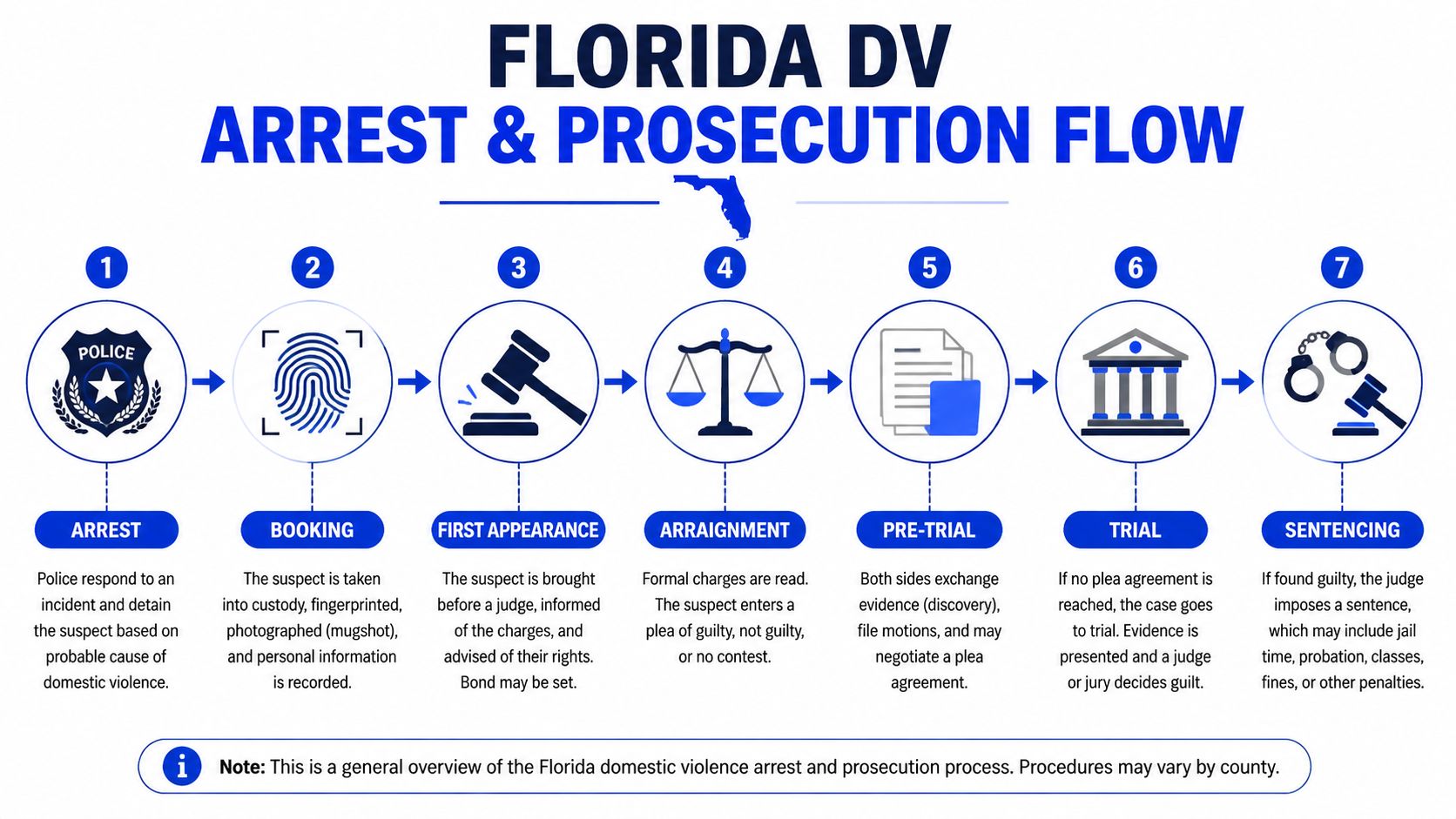 An infographic showing the seven sequential steps of the Florida domestic violence arrest and prosecution process.