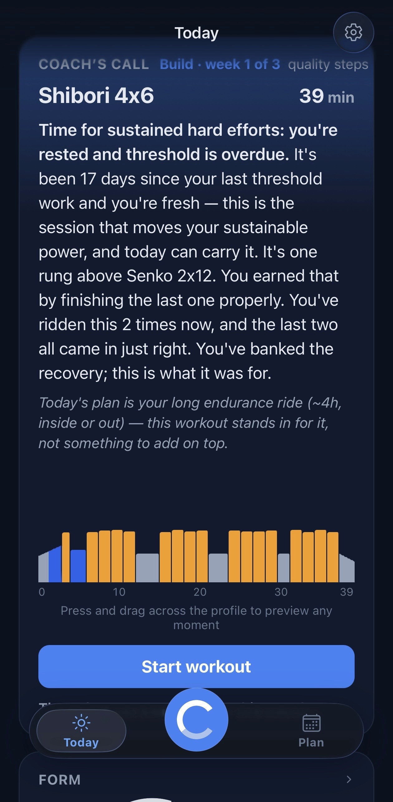 Coach’s Call today screen showing Shibori 4x6, 39 minutes, the coach’s reasoning, the workout profile and a Start workout button