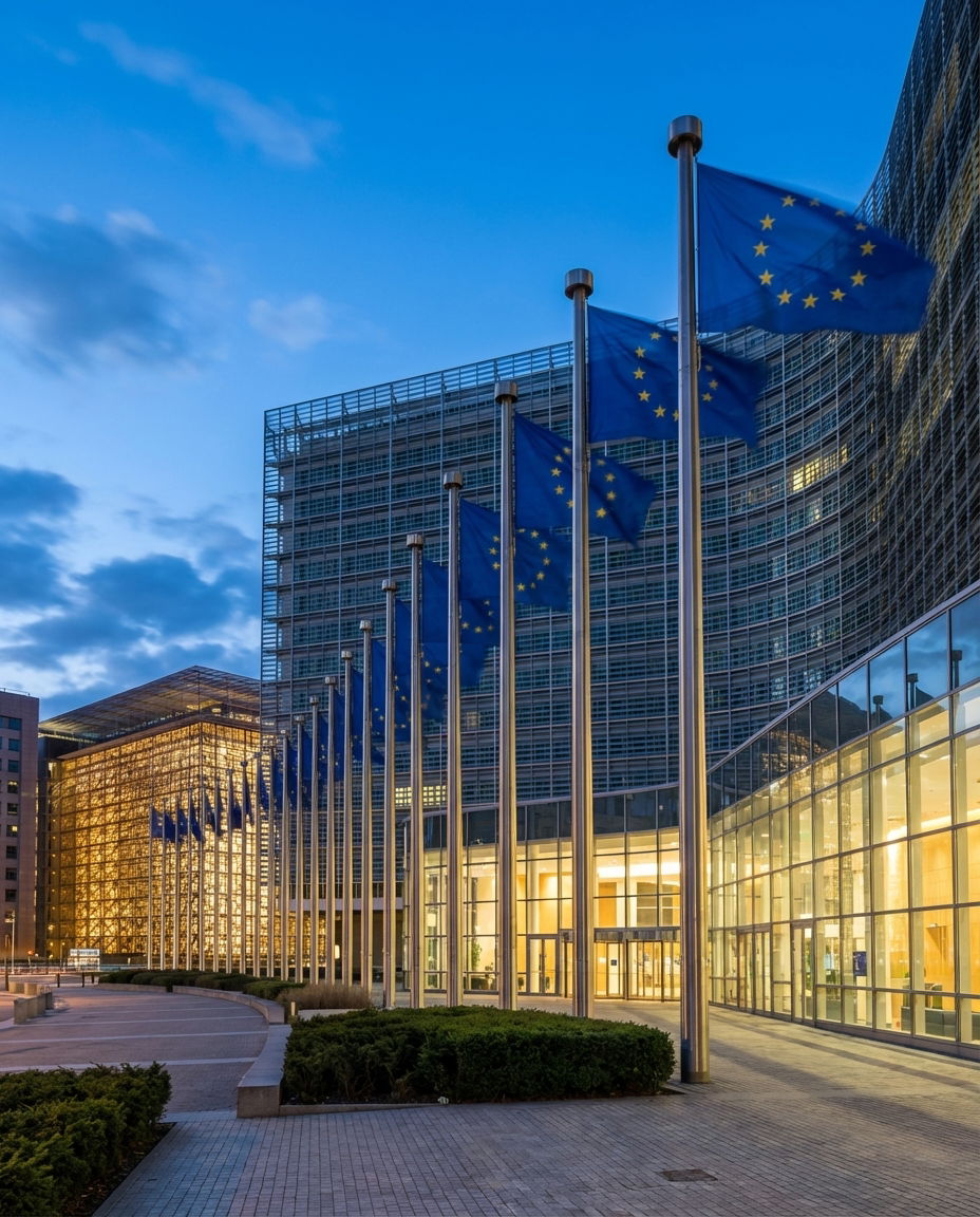 European Commission building in Brussels with EU flags.