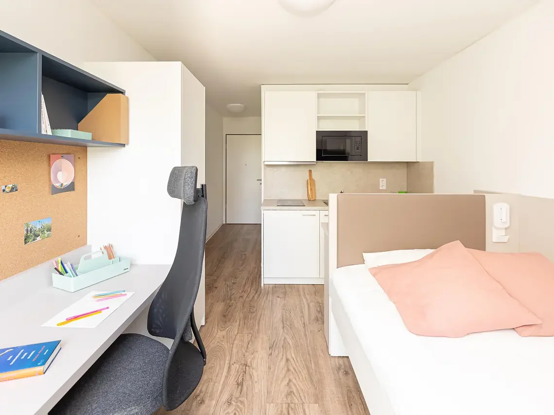 Private student studio in Hamburg with study desk, bed and compact kitchenette
