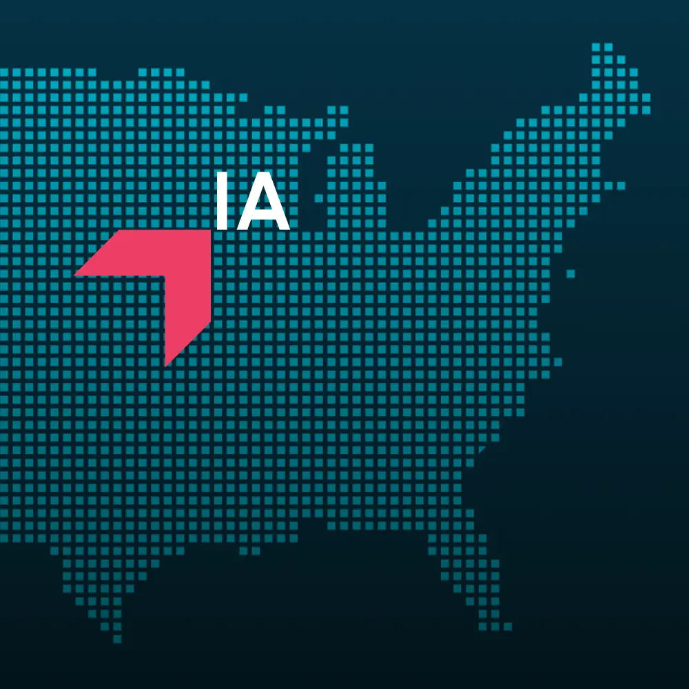 Map highlighting Iowa with a red arrow, representing GIA Group, LLC truck insurance coverage area.