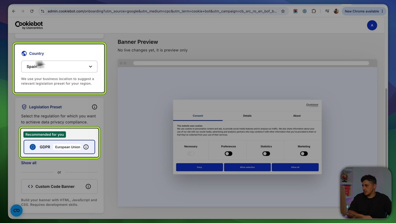 Cookiebot onboarding with country Spain and the GDPR legislation preset