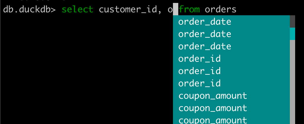 Screenshot of an SQL query being typed into the DuckDB console, starting with 'select customer_id,' followed by an autocomplete suggestion box displaying column names such as order_date, order_id, and coupon_amount from an 'orders' table.