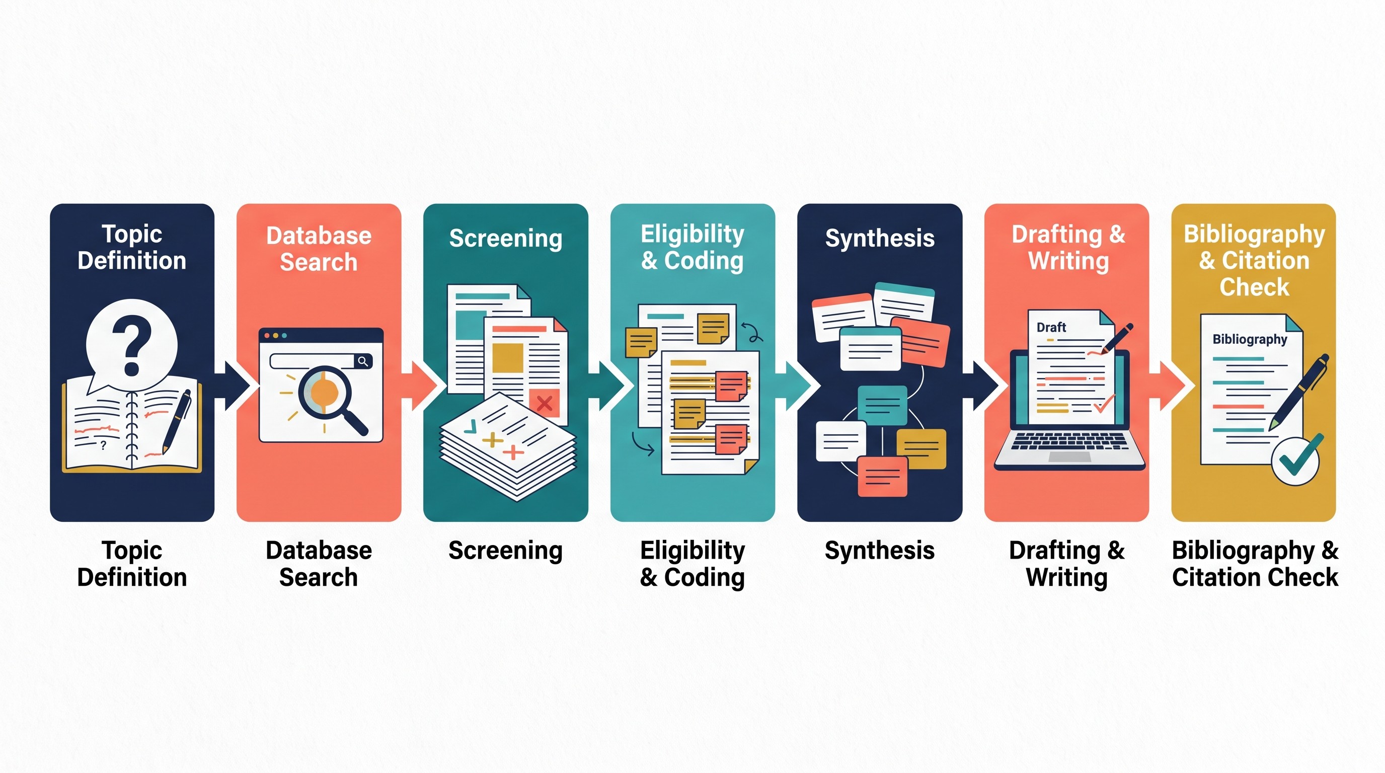 Literature review timeline from topic definition to final citation check