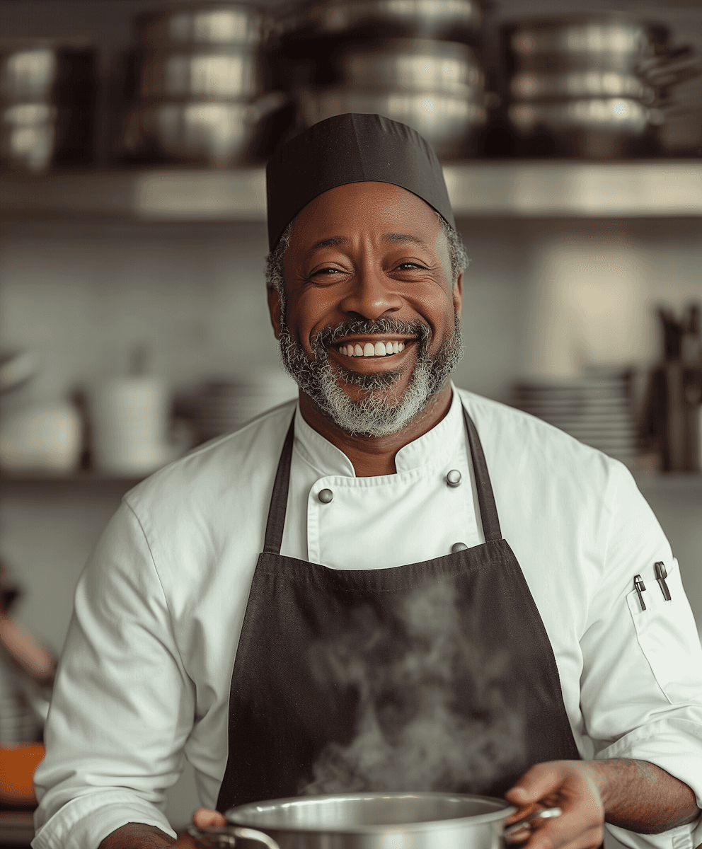 A smiling, middle-aged Black chef with a salt-and-pepper beard, wearing a white coat, black apron, and black toque, holds a steaming pot in a professional kitchen.