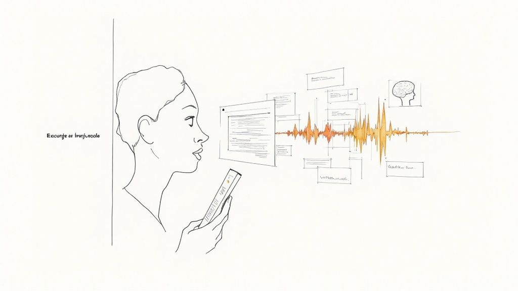 A visual representation of an AI brain processing medical terminology and dictation notes.