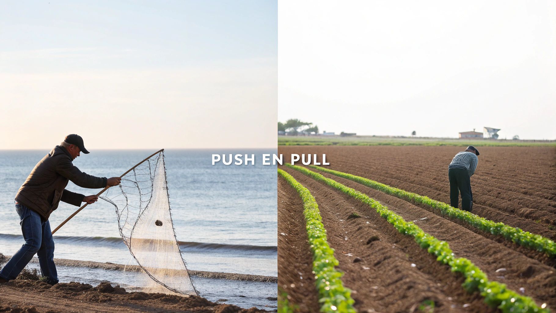 Twee personen die een blok duwen en trekken, als metafoor voor de pull push strategie