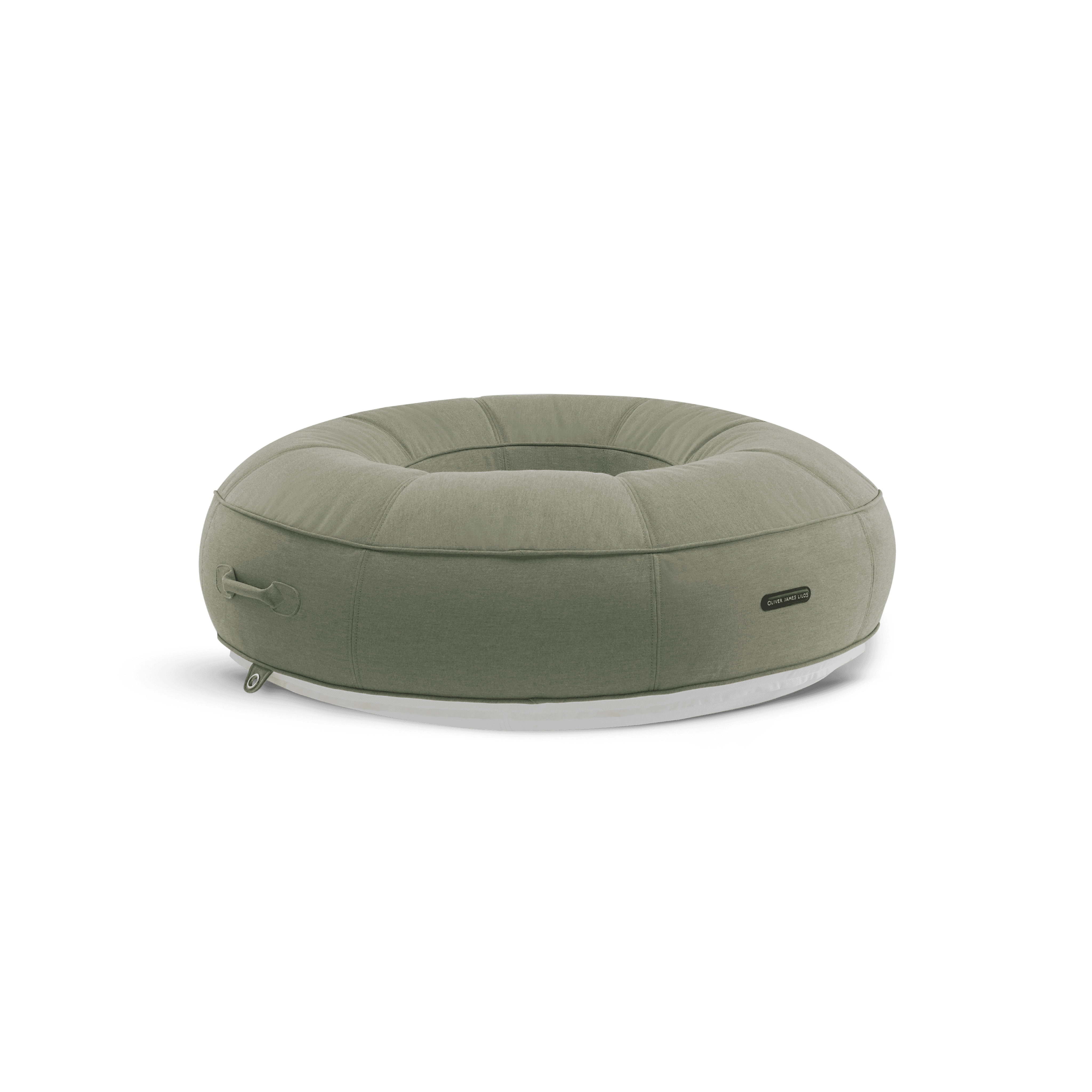 Ring-shaped luxury pool float in sage-green recycled canvas with quilted panels and matte white base
