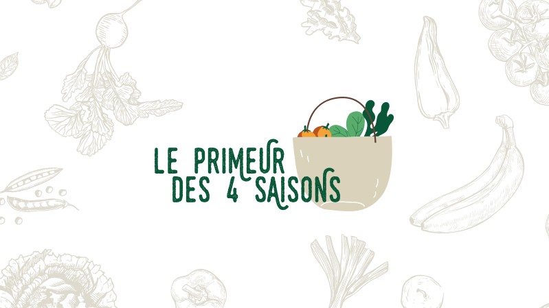 Logo horizontal Le Primeur des 4 Saisons avec un panier de fruits et légumes illustré et des dessins de légumes en fond.